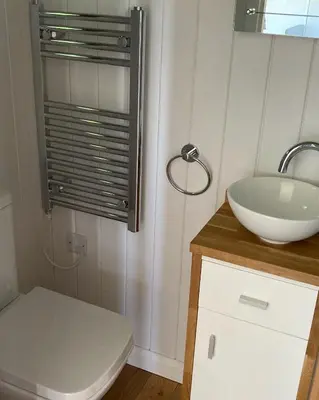 a bathroom with a white sink and a toilet at The Snug at Coed Y Gaer in Oswestry