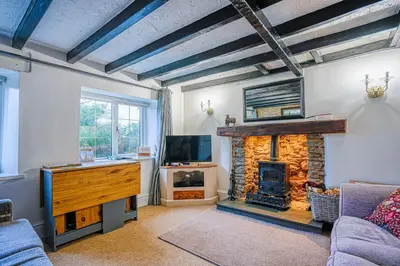 a living room with a fireplace and a tv at Cosy cottage in rural Culmington, Ludlow in Culmington