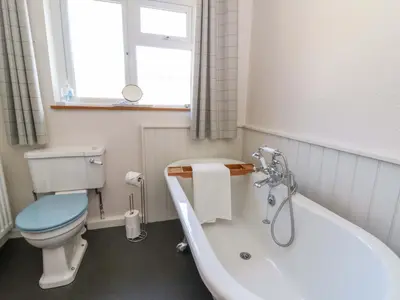 a bathroom with a toilet and a bath tub at Chancery Cottage in Hay-on-Wye