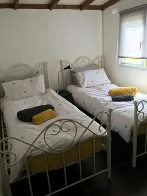 two beds sitting next to each other in a bedroom at Pheasant Lodge in Builth Wells