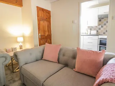 a living room with a gray couch with pink pillows at The Old Smithy Cottage in Blaenau-Ffestiniog