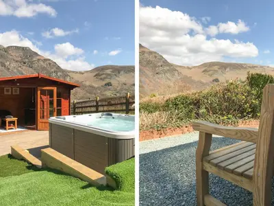 two pictures of a hot tub and a bench at Bryn Teg in Oswestry