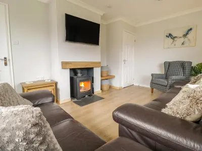 a living room with a couch and a fireplace at Bryn Teg in Oswestry