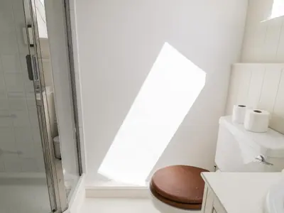 a bathroom with a toilet and a shower at Gelli Bach at Gelli Las in Llanbedr