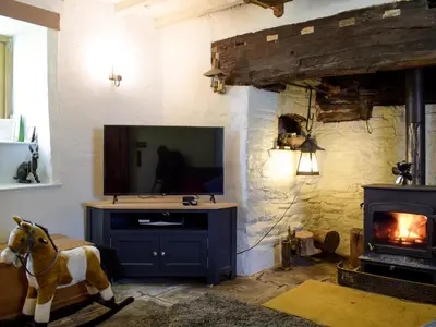 a living room with a television and a fireplace at Lower Goytre Farmhouse in Llanvair Waterdine