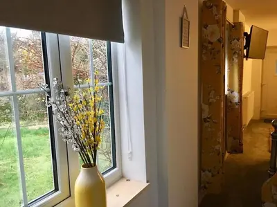a vase sitting on a window sill with flowers in it at Daffodil House , West Wales in Llandovery