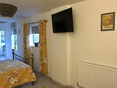 a bedroom with a bed and a flat screen tv on the wall at Daffodil House , West Wales in Llandovery