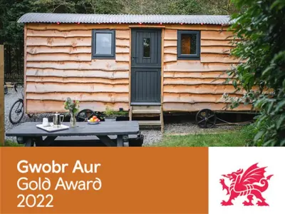 a cabin with a table in front of it at Empress En Suite Wagon in Arthog