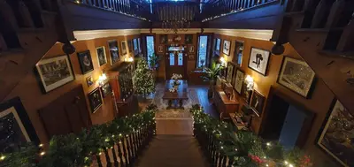 an overhead view of a building with christmas decorations at Large Mach Apartment at Pen Y Coed Hall in Dolgellau