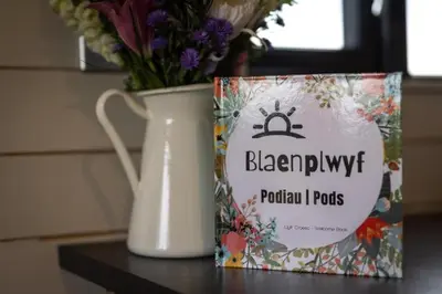 a book sitting next to a vase with flowers at Blaenplwyf Shire Pods in Lampeter