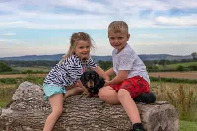 two children sitting on a rock with a dog at Blaenplwyf Shire Pods in Lampeter
