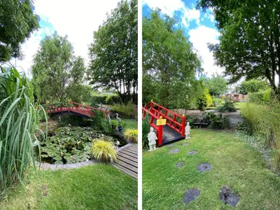 two pictures of a garden with a bridge and a pond at Cherry Pod in Shrewsbury