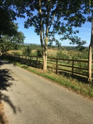 a road with a fence and trees on the side at The Cedars Ludlow in Lane to Richards Castle
