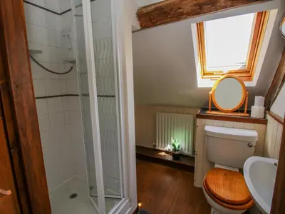 a bathroom with a shower and a toilet and a sink at 46-47 Lydbury North in North Lydbury