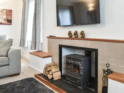 a living room with a fireplace with a tv above it at Llwyn in Bettws Gwerfil Goch