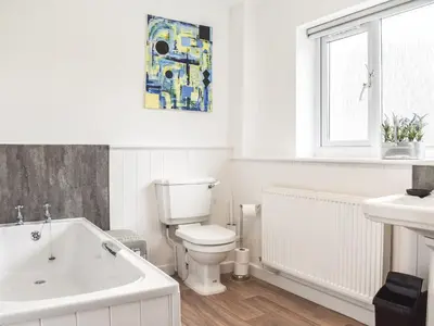 a bathroom with a toilet and a tub and a sink at Llwyn in Bettws Gwerfil Goch