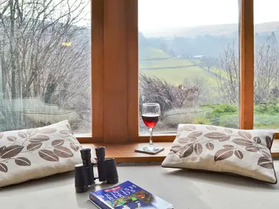 a glass of wine sitting on a table next to a window at Penroc in Pentre-briwnant