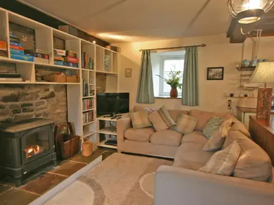 a living room with a couch and a fireplace at Penroc in Pentre-briwnant