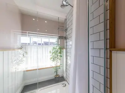 a bathroom with a shower and a window with plants at Turford House in Ludlow