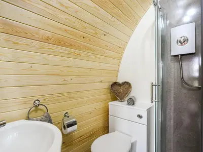 a bathroom with a white toilet and wooden walls at Celyn Bach - Uk37083 in Llanwddyn