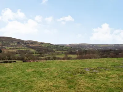 a field of green grass with hills in the background at Red Kite Lodge in Tregaron