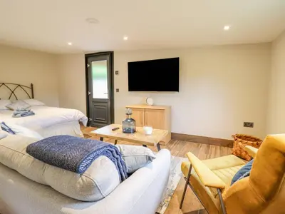 a living room with two beds and a flat screen tv at The Cabin at Evelyns Retreat in Corwen