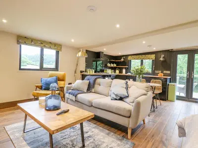 a living room with a couch and a table at The Cabin at Evelyns Retreat in Corwen