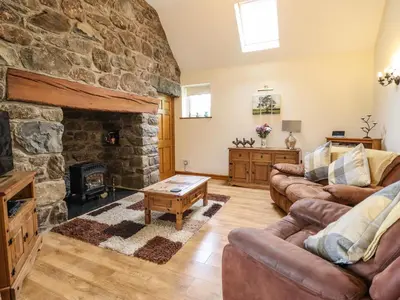 a living room with two couches and a stone fireplace at Caerffynon Bach in Dyffryn