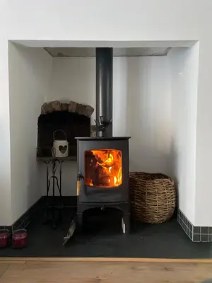 a stove in a living room with a fire in it at A cottage for two in Brecon