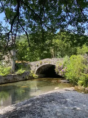 a stone bridge over a river with a bridge at Cosy riverside cottage in beautiful Corris in Corris