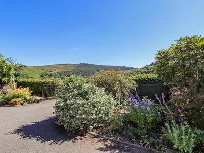 a garden with flowers and bushes on a road at Cam O'r Fechan Annexe in Llangollen