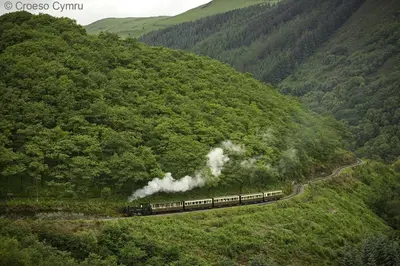 a train traveling down a hill with smoke coming at 4 Bed in Aberystwyth oc-bow304 in Rhostie