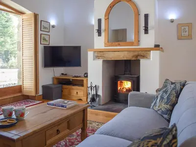 a living room with a couch and a fireplace at Barn Cottage in Talley