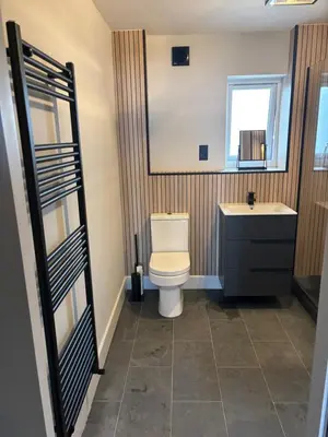 a bathroom with a toilet and a sink and a mirror at The New 2 Plas Morolwg in Aberystwyth