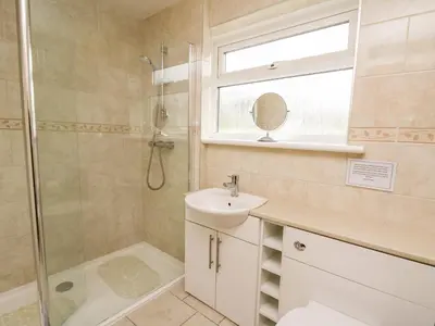 a bathroom with a shower and a sink and a mirror at Llwynon in Aberystwyth
