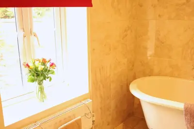 a bathroom with a vase of flowers in a window at Pet-Friendly Logburner Horse Stable Views in Hay-on-Wye
