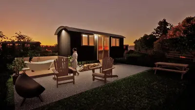 a rendering of a tiny house with a tub and chairs at Silver Fern Glamping in Aberystwyth