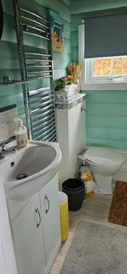 a bathroom with a sink and a toilet at Log cabin - free parking garden & pet friendly in Trawsfynydd