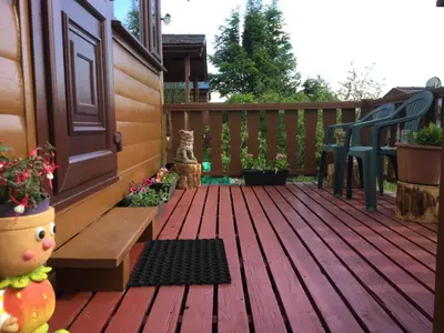 a wooden deck with a door and some plants at Log cabin - free parking garden & pet friendly in Trawsfynydd