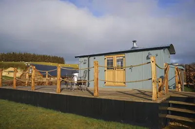 a small blue house on a wooden deck at Ivy's Way in Rhayader