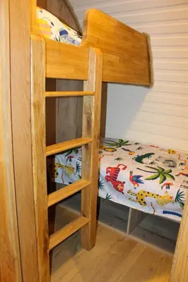 a bunk bed with a ladder next to a bed at Rabbit Warren in Llansantffraid-ym-Mechain
