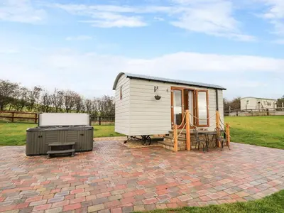 a small white tiny house on a brick patio at Highland View in Rhayader