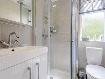 a bathroom with a shower and a sink and a toilet at Bryn Teg - Cottage in Maesmynis