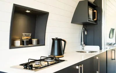 a black and white kitchen with a stove and sink at Bedwen in Welshpool