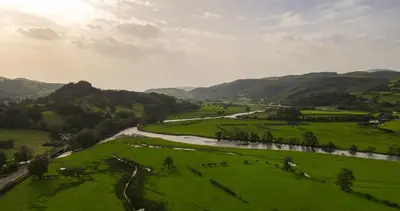 a view of a river in a green field at Plas Dolguog in Machynlleth