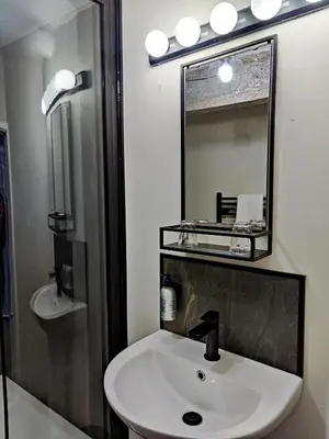 a bathroom with a sink and a mirror at Plas Dolguog in Machynlleth