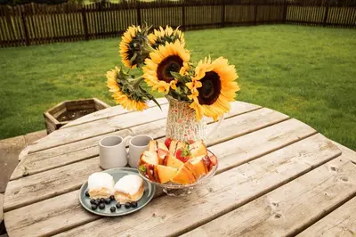 a vase with sunflowers and a bowl of food on a table at Caban Nant Ddu in Nantmel