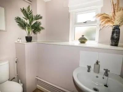 a bathroom with a sink and a toilet and a window at Laurgeths House in Bishops Castle