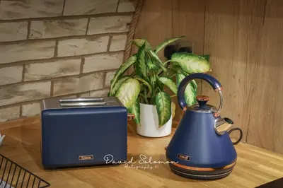 a blue tea kettle and a toaster on a counter at Badgers View in Rhayader