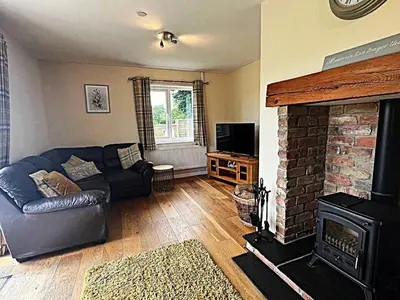 a living room with a couch and a fireplace at Lower Pentre in Llanddewi Ystradenny
